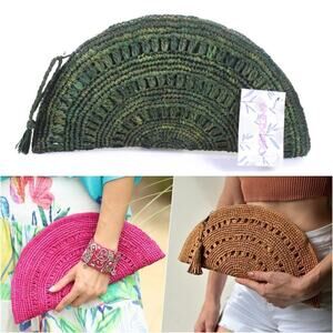 Shebobo Boho Crochet Straw Raffia Summer Bag Large Clutch Tassel Zipper Green